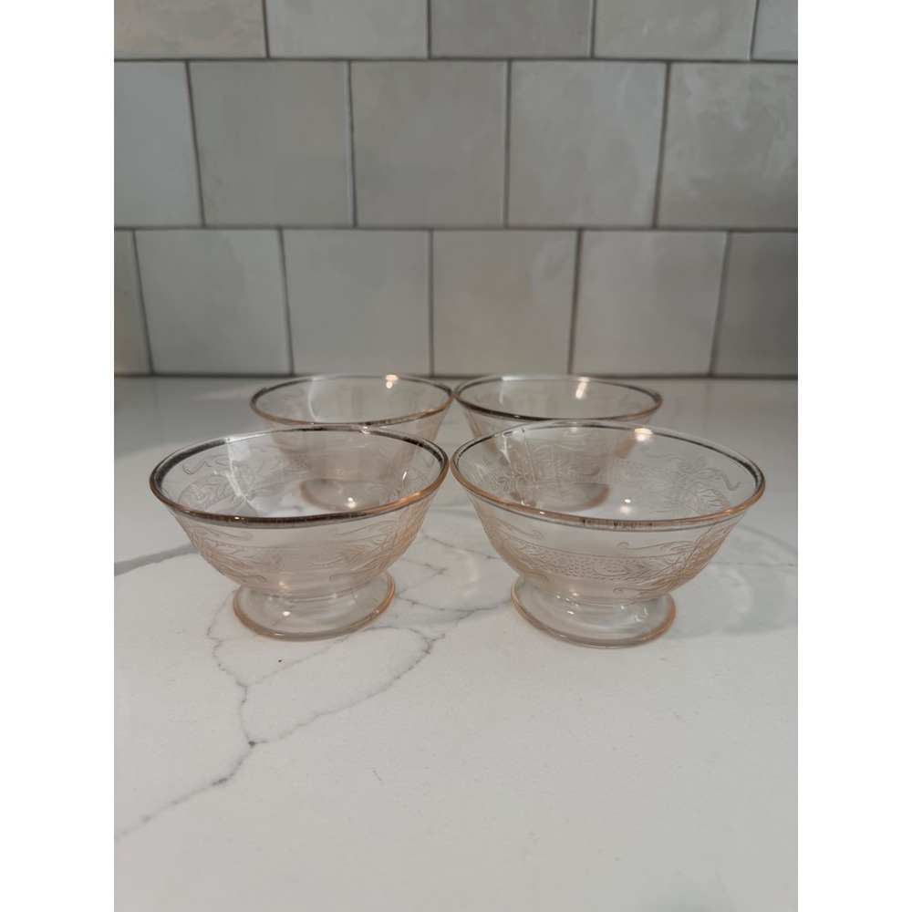 Vintage Pink Depression Glass Etched Floral Dessert Bowls Silver Rim Set of‎ 4